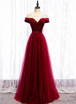 Picture of Wine Red Color Velvet and Tulle Long Prom Dresses, A-line Wine Red Color Floor Length Prom Dresses
